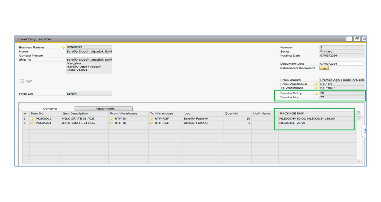 Inventory Transfer document for RTP Items Returnable Transport Packaging Addon for SAP B1