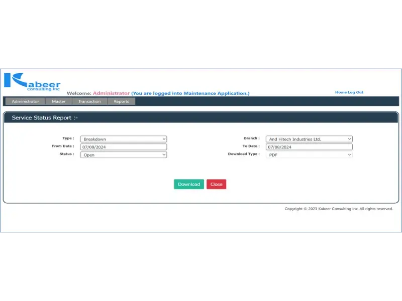 Maintenance Management Service Status Report Screen