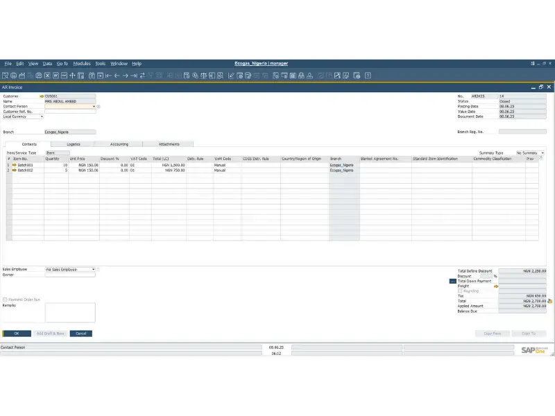 AR Invoice + Payment - Cash in SAP