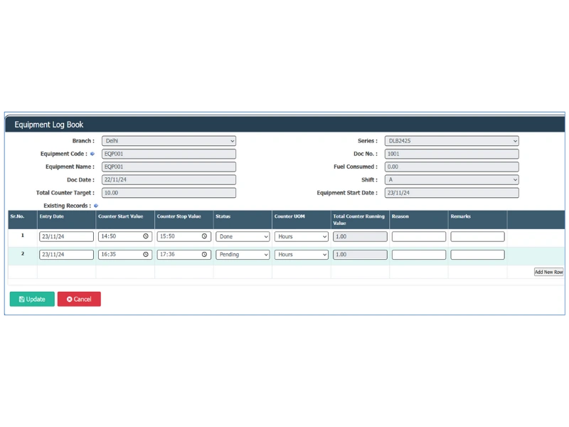 Equipment Log Book - Business Transactions - EAM