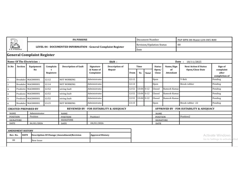 General Complaint Register Report Output - Reports - EAM