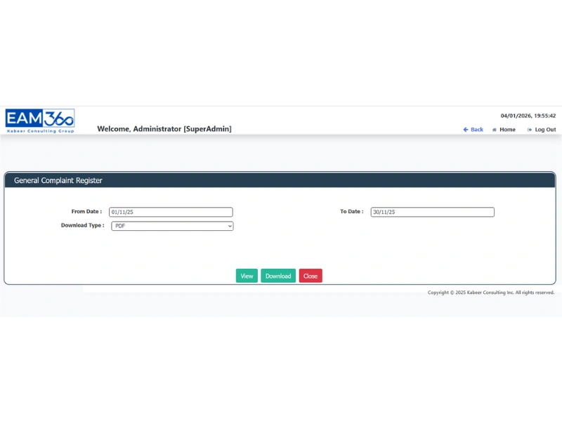 General Complaint Register Report Screen - Reports - EAM
