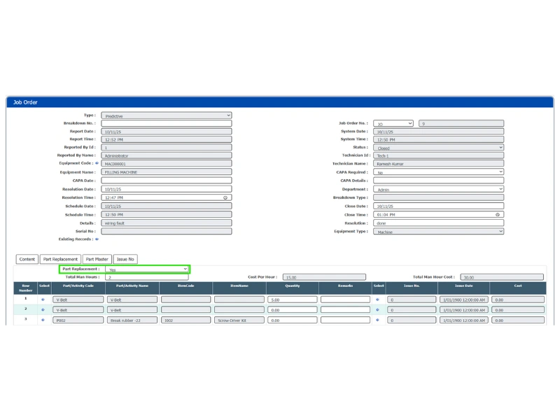 Job Order-Part Replacement Tab - Business Transactions - EAM