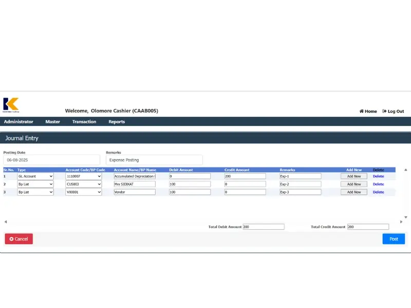 Journal Entry Create