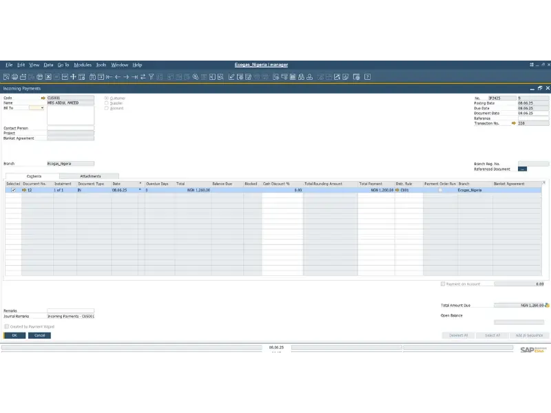 Posted Incoming Payment