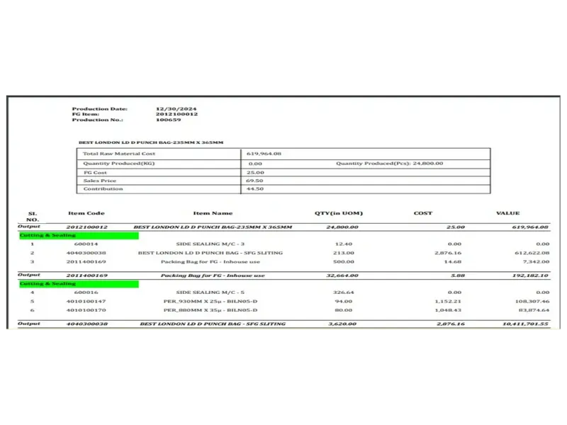 Report Preview - Actual Product Costing Report in SAP B1