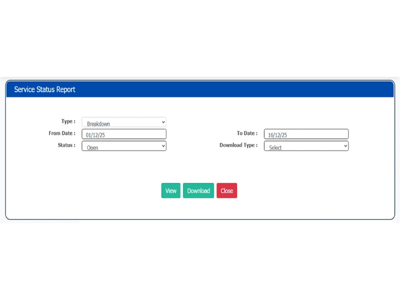 Service Status Report Screen - Reports - EAM
